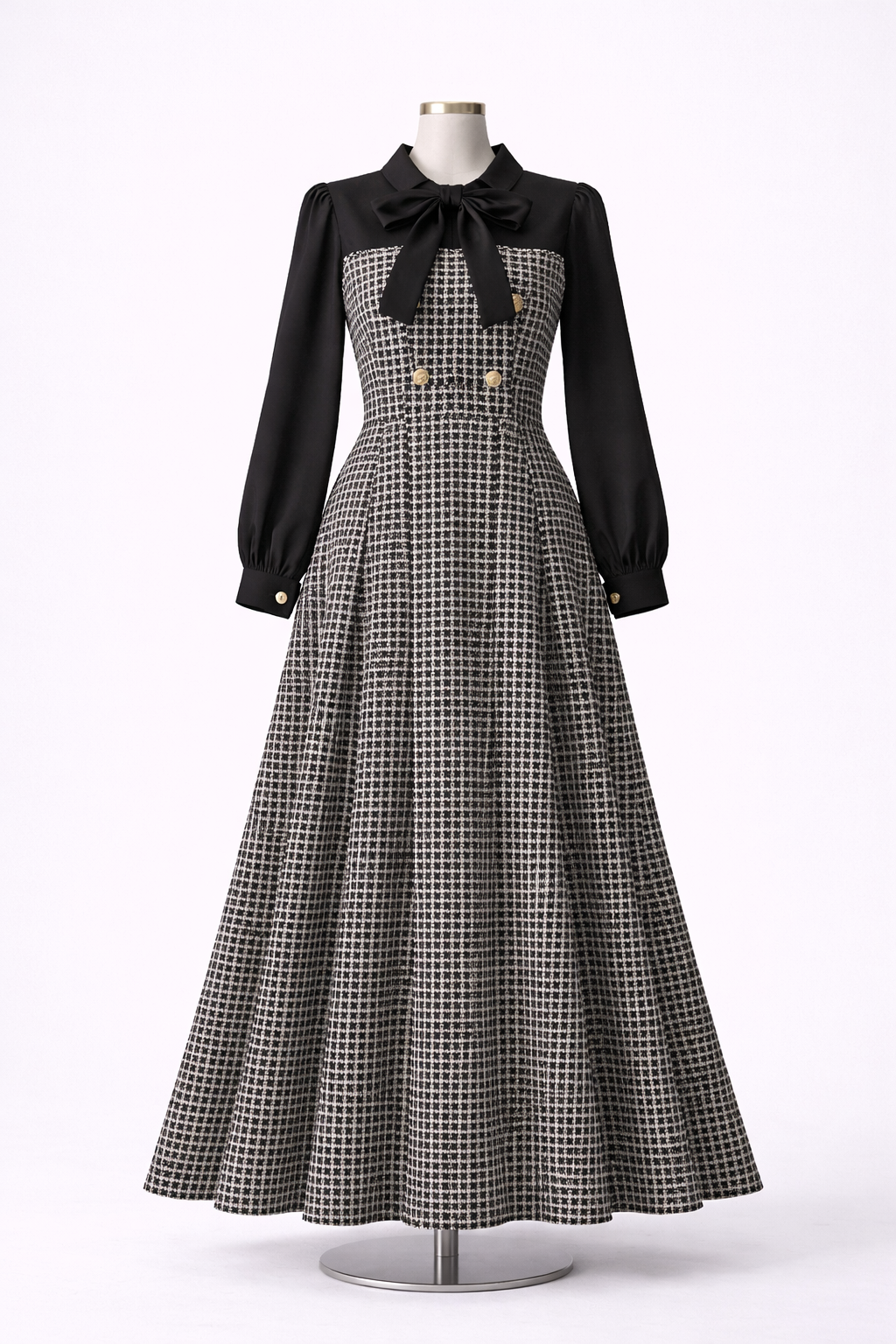 The Madeline Houndstooth Bow-Tie Maxi Dress