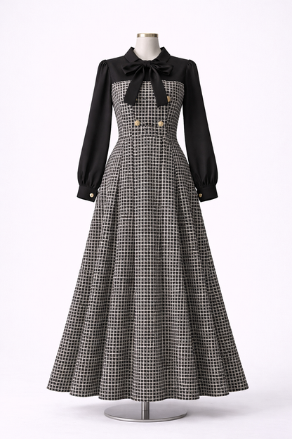 The Madeline Houndstooth Bow-Tie Maxi Dress