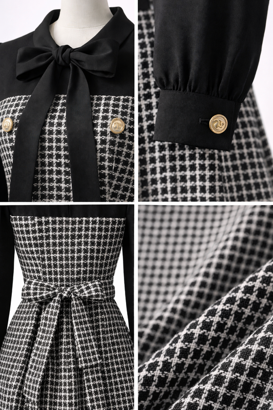 The Madeline Houndstooth Bow-Tie Maxi Dress