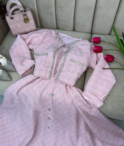 Elegant Tweed Maxi Dress & Embellished Jacket Set
