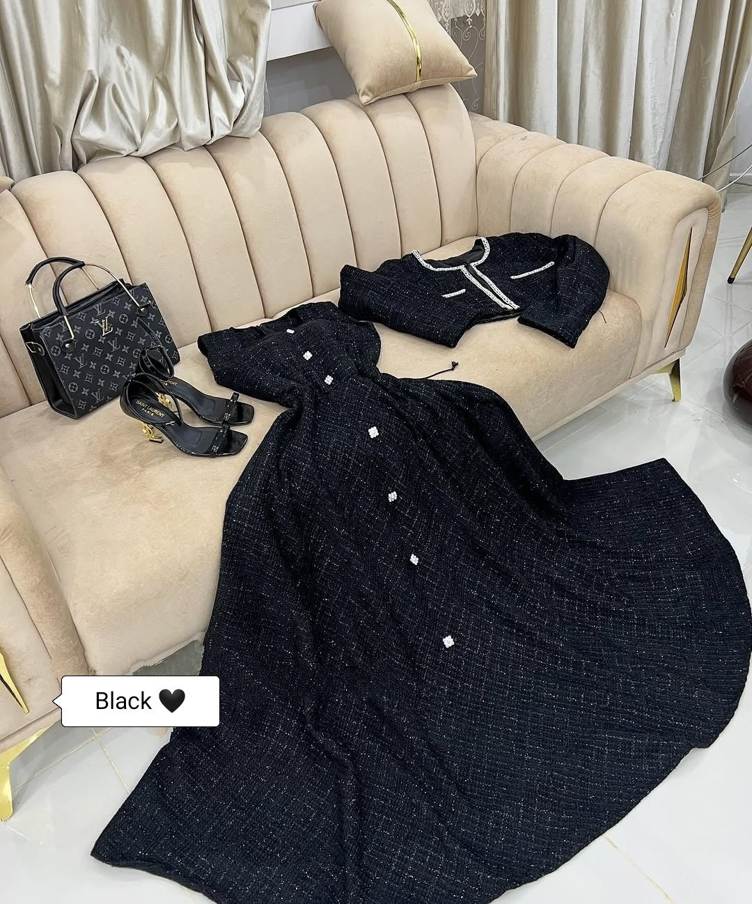 Elegant Tweed Maxi Dress & Embellished Jacket Set