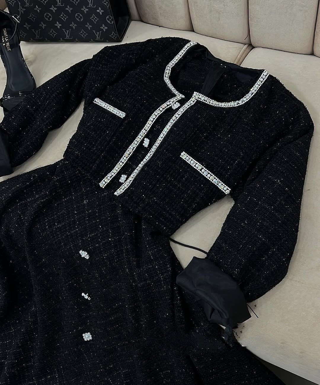 Elegant Tweed Maxi Dress & Embellished Jacket Set