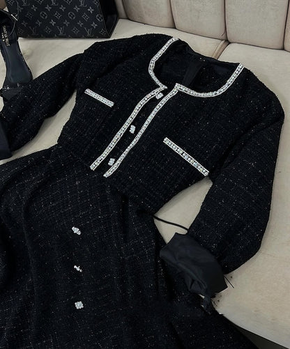 Elegant Tweed Maxi Dress & Embellished Jacket Set