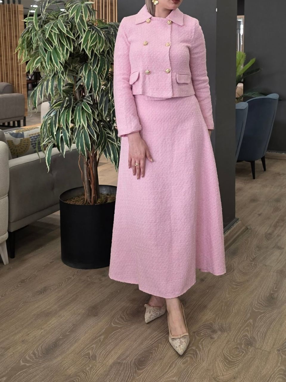Elegant Pink Tweed Maxi Skirt Set | Modest Two-Piece Suit