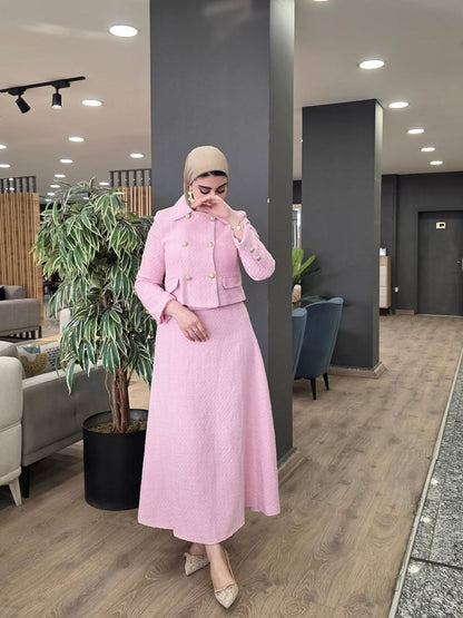 Elegant Pink Tweed Maxi Skirt Set | Modest Two-Piece Suit