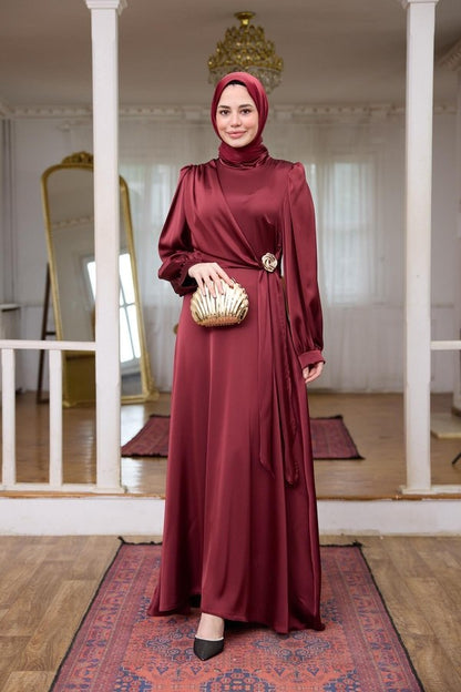 Elegant Modest Satin Long Sleeve Maxi Dress | Gold Brooch Evening Gown