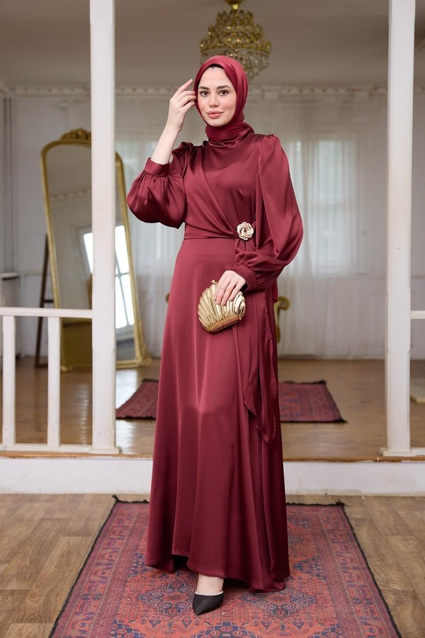 Elegant Modest Satin Long Sleeve Maxi Dress | Gold Brooch Evening Gown