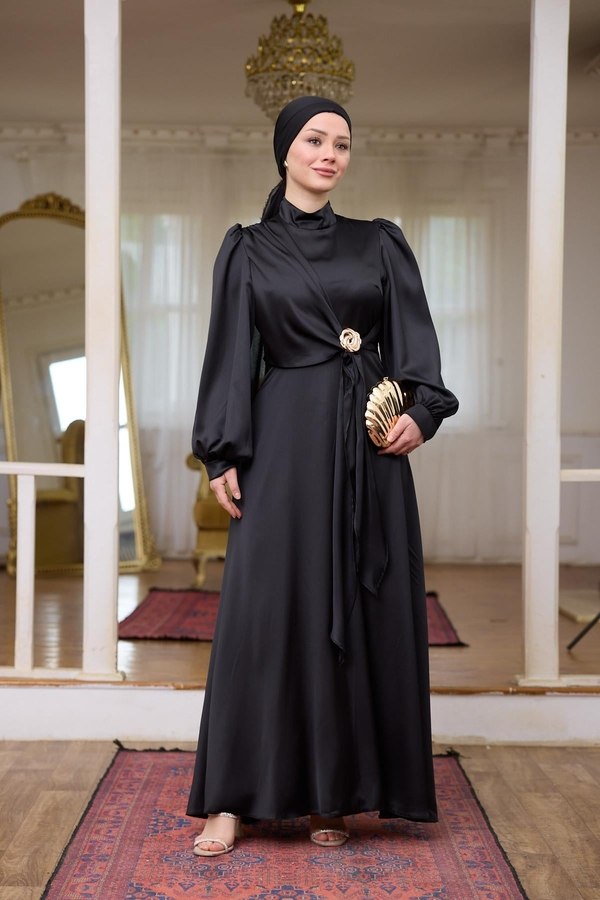 Elegant Modest Satin Long Sleeve Maxi Dress | Gold Brooch Evening Gown