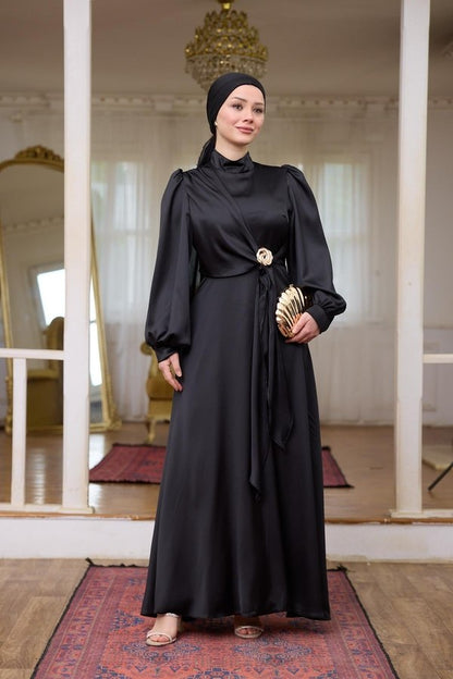 Elegant Modest Satin Long Sleeve Maxi Dress | Gold Brooch Evening Gown