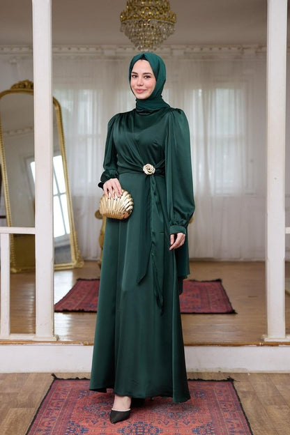 Elegant Modest Satin Long Sleeve Maxi Dress | Gold Brooch Evening Gown