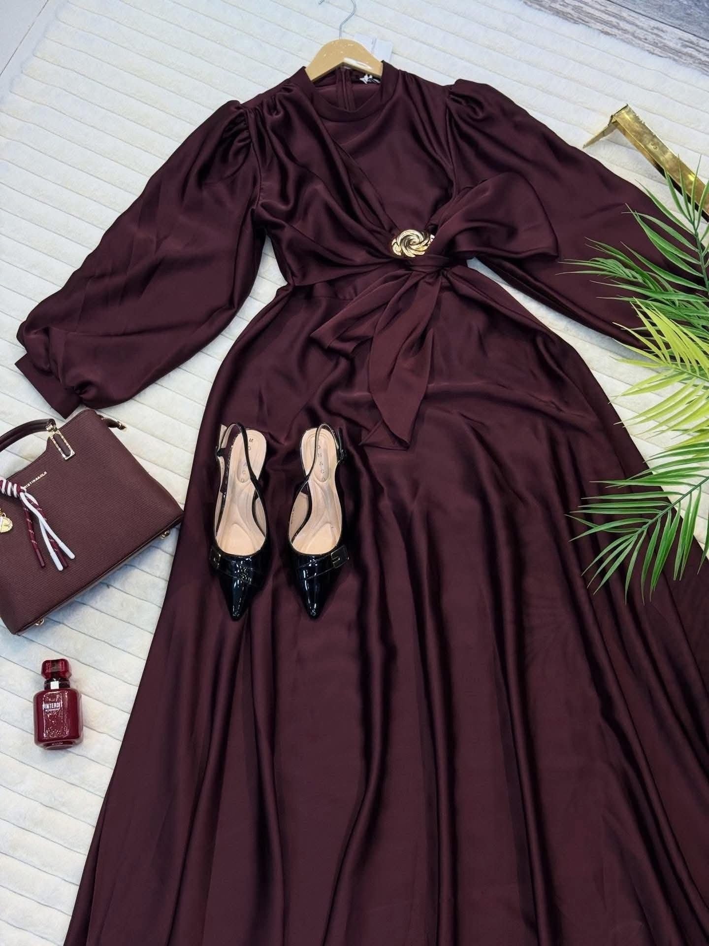Elegant Modest Satin Long Sleeve Maxi Dress | Gold Brooch Evening Gown