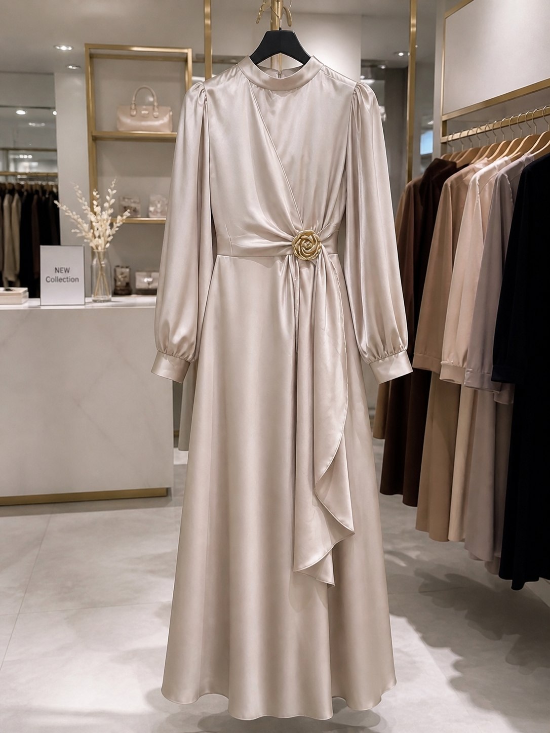 Elegant Modest Satin Long Sleeve Maxi Dress | Gold Brooch Evening Gown