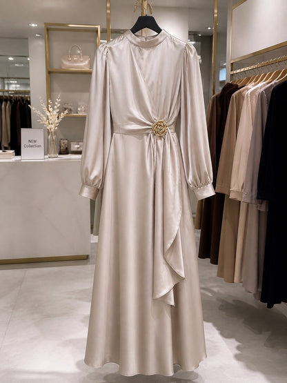 Elegant Modest Satin Long Sleeve Maxi Dress | Gold Brooch Evening Gown