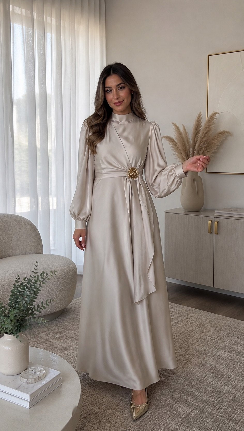 Elegant Modest Satin Long Sleeve Maxi Dress | Gold Brooch Evening Gown