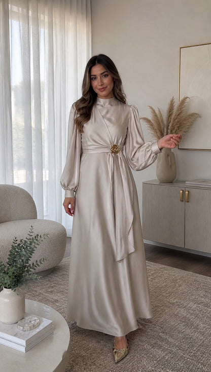 Elegant Modest Satin Long Sleeve Maxi Dress | Gold Brooch Evening Gown